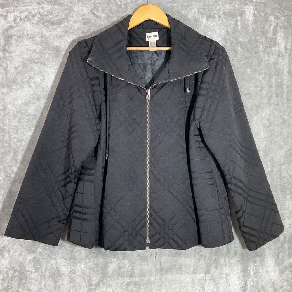 Chico's Quilted Full Zip Mock Neck Lightweight Jacket XL Black pockets Lined